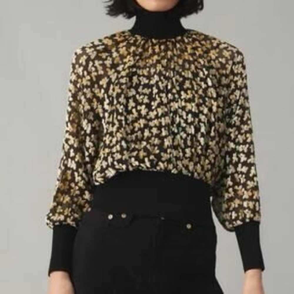 Tory Burch Black and Cream Floral Pleated Blouse